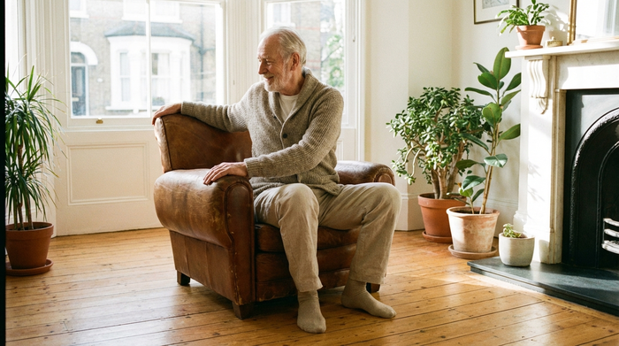Ein älterer Herr in bequemer Kleidung sitzt auf einem Stuhl und dreht sanft den Oberkörper zur Seite. Ein friedliches Lächeln liegt auf seinem Gesicht. Heller Raum mit warmem Holzfußboden.