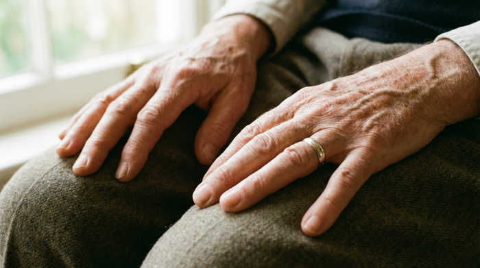 Nahaufnahme der Hände einer älteren Person, die entspannt auf den Oberschenkeln ruhen, während die Finger weit gespreizt werden. Weiches, natürliches Licht, harmonische und beruhigende Stimmung.