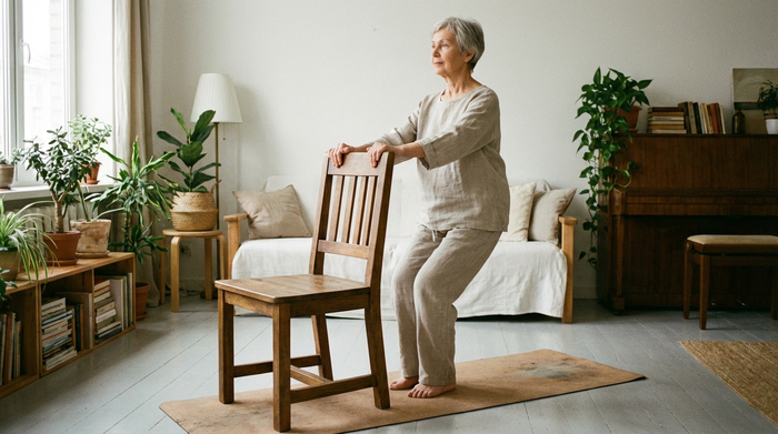 Eine ältere Dame steht hinter einem stabilen Stuhl, hält sich mit beiden Händen an der Lehne fest und streckt den Rücken lang. Ruhige, sichere Umgebung mit einer Yogamatte auf dem Boden.