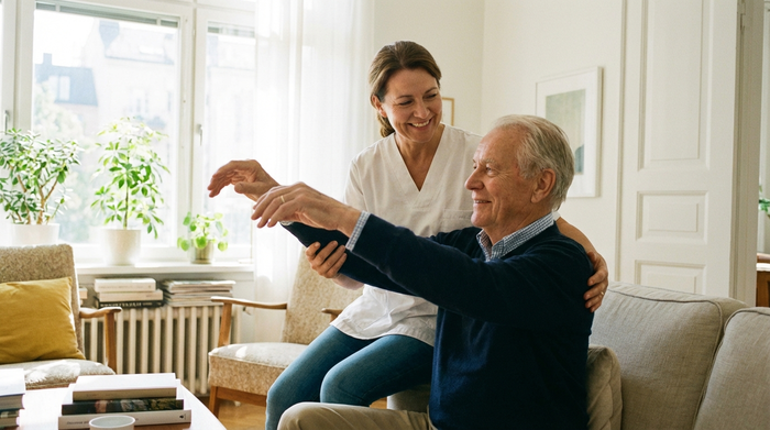 Eine fürsorgliche Pflegekraft unterstützt einen älteren Mann sanft dabei, seine Arme im Sitzen zu heben. Vertrauensvolle, fröhliche und ruhige Pflegesituation in einem hellen Zimmer.