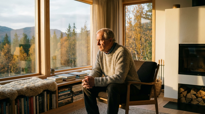 Ein nachdenklicher älterer Herr im gepflegten Pullover sitzt in einem modernen Sessel an einem großen Fenster und blickt ruhig in die Ferne. Weiches Tageslicht, warme Farben, nachdenkliche Stimmung.