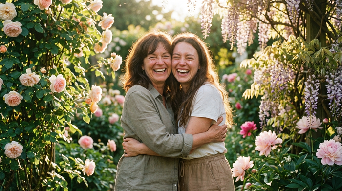 Zwei erwachsene Frauen, Mutter und Tochter, umarmen sich herzlich in einem blühenden Garten. Fröhliche Gesichter, sonniges Wetter, vertrauensvolle familiäre Bindung.