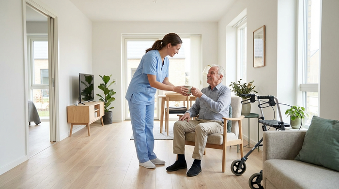 Eine freundliche, in hellblau gekleidete Pflegekraft reicht einem lächelnden Senior eine Tasse Tee in einem hellen, barrierefreien Wohnzimmer. Respektvoller Umgang, saubere und moderne Umgebung.