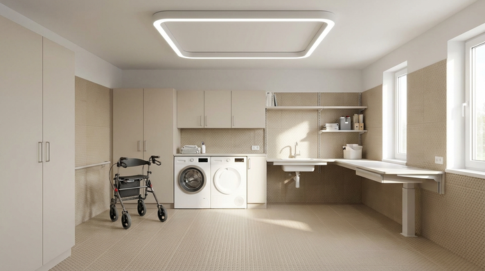 Ein heller, barrierefreier Hauswirtschaftsraum mit rutschfesten, beigen Fliesen. An der Decke leuchtet eine moderne LED-Lampe hell. Ein Rollator steht sicher geparkt neben einer weißen Waschmaschine.
