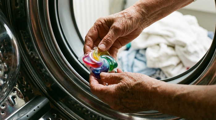 Nahaufnahme der Hände einer älteren Person, die sanft ein buntes, weiches Waschmittel-Pad in die glänzende Edelstahltrommel einer Waschmaschine legt. Im Hintergrund liegt unscharfe, frische Wäsche bereit.