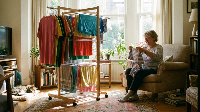 Ein praktischer Turmwäscheständer auf kleinen Rollen, behangen mit bunten T-Shirts und Handtüchern, steht in einem sonnigen Wohnzimmer. Eine ältere Frau sitzt bequem auf einem gepolsterten Stuhl daneben und hängt entspannt ein Kleidungsstück auf.