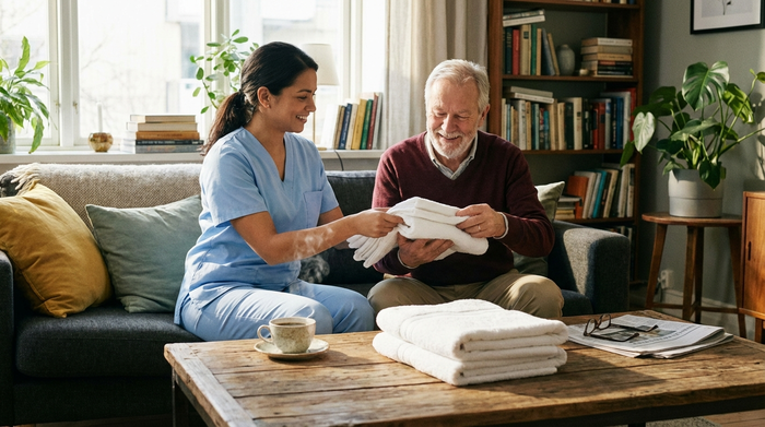 Eine freundliche Pflegekraft in hellblauer Kleidung hilft einem lächelnden Senior im Wohnzimmer beim Zusammenlegen von frischen, weißen Handtüchern. Auf dem hölzernen Couchtisch steht eine dampfende Tasse Kaffee.