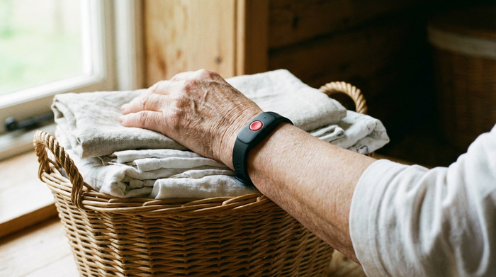Das Handgelenk einer älteren Person, die ein unauffälliges, modernes Hausnotruf-Armband mit einem großen roten Knopf trägt. Die Hand ruht entspannt auf einem geflochtenen Korb mit ordentlich zusammengelegter Wäsche.
