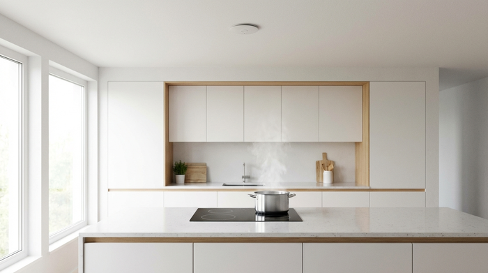 Eine aufgeräumte, helle moderne Küche. Ein unauffälliger Sensor ist an der Decke über dem Herd montiert. Auf dem Herd steht ein Topf. Alles wirkt sicher und sauber. Fotorealistisch, ohne Text.