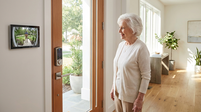 Eine moderne Haustür von innen mit einem eleganten elektronischen Türschloss. Eine ältere Dame steht an der Tür und schaut auf ein kleines Display an der Wand, das den Eingangsbereich zeigt. Helle, freundliche Umgebung.