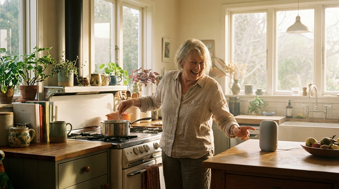 Eine ältere Dame kocht entspannt in einer hellen Küche und spricht dabei fröhlich in Richtung eines kleinen, modernen Smart-Speakers auf der Küchenzeile. Warme, sonnige Atmosphäre, realistische Szene.