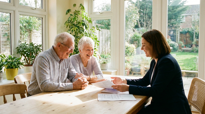 Ein älteres Ehepaar sitzt gemeinsam mit einer Beraterin an einem hellen Esstisch. Sie betrachten lächelnd Papiere. Vertrauensvolle, positive Stimmung, gut ausgeleuchteter Raum, realistische Fotografie.