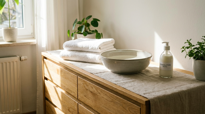 Eine saubere Kommode mit einer Schale warmem Wasser, flauschigen weißen Handtüchern und einer neutralen Pflegelotion. Tageslicht, ordentliche und hygienische Umgebung.