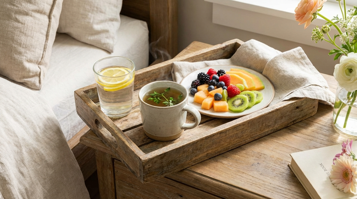 Ein ansprechend angerichtetes Tablett auf einem hölzernen Nachttisch mit einem Glas frischem Wasser, einer Tasse Kräutertee und einem Teller mit geschnittenem Obst. Helle, einladende Farben.