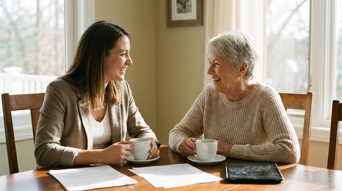 Zwei Frauen sitzen bei einer Tasse Kaffee am Esstisch und lächeln sich aufmunternd zu. Eine jüngere Pflegeberaterin im Gespräch mit einer pflegenden Angehörigen. Entspannte, vertrauensvolle Stimmung.