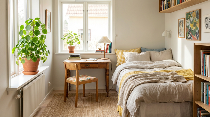 Ein helles, freundlich eingerichtetes Gästezimmer mit einem gemütlichen Bett, einem kleinen Schreibtisch und einer grünen Pflanze auf der Fensterbank. Ein einladender privater Rückzugsort.