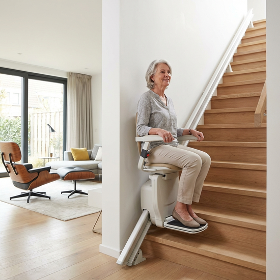 Ein moderner, unauffälliger Treppenlift in einem gepflegten Einfamilienhaus. Eine ältere Frau fährt sicher und entspannt die Treppe hinauf.