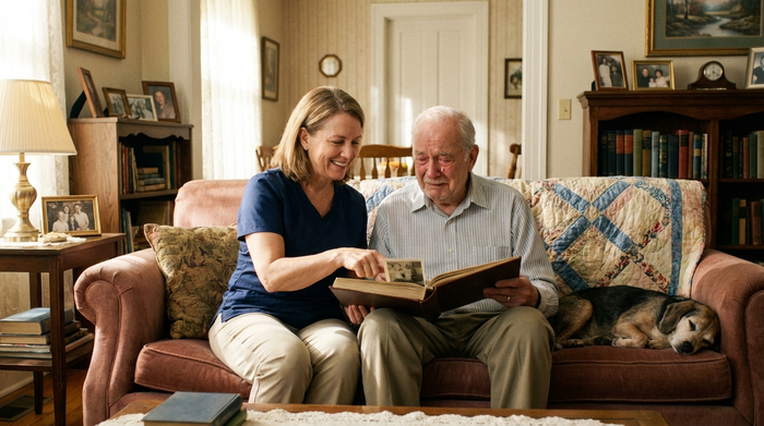 Eine geduldige Pflegerin schaut gemeinsam mit einem Senior ein altes Fotoalbum an. Sie sitzen auf einem bequemen Sofa in einem vertrauten, nostalgischen Wohnzimmer.