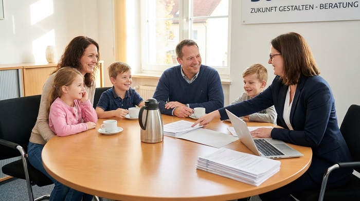 Eine Familie sitzt gemeinsam mit einer Beraterin an einem runden Holztisch und bespricht entspannt Dokumente. Auf dem Tisch stehen Kaffeetassen, die Stimmung ist professionell und freundlich.
