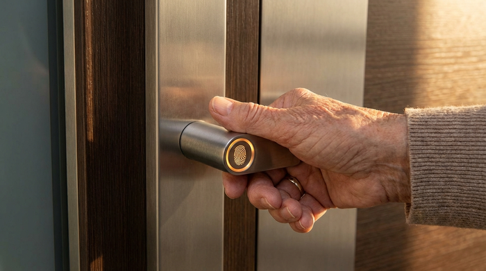 Eine ältere Person öffnet mühelos eine moderne Haustür, indem sie sanft den Daumen auf einen dezenten, beleuchteten Fingerabdrucksensor neben dem Türgriff legt. Fokus auf die Hand und das moderne Schloss, warmer Lichteinfall.