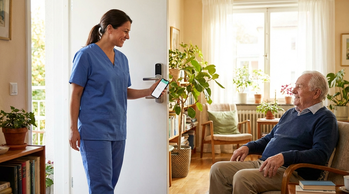 Eine professionelle Pflegekraft in blauer Berufskleidung betritt mit einem Lächeln die Wohnung eines Senioren. Sie hält ein modernes Smartphone in der Hand, mit dem sie die Tür gerade kontaktlos geöffnet hat. Helle und freundliche Stimmung.