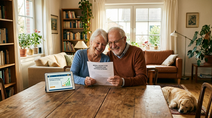 Ein älteres Ehepaar sitzt entspannt an einem Holztisch im hellen Wohnzimmer und betrachtet gemeinsam glücklich ein offizielles Dokument. Vor ihnen liegt ein kleines Tablet. Gemütliche, sonnige Wohnatmosphäre, die finanzielle Entlastung symbolisiert.