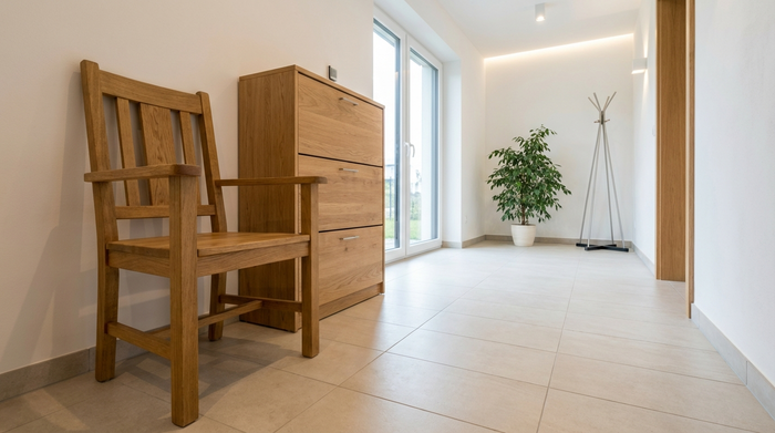 Ein gut beleuchteter, aufgeräumter Flur in einem modernen Haus. Ein stabiler Holzstuhl mit Armlehnen steht neben einem geschlossenen Schuhschrank. Keine losen Teppiche auf dem hellen Fliesenboden. Realistische, klare Fotografie.