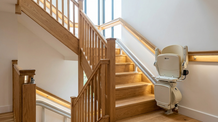 Eine gut ausgeleuchtete Holztreppe im Innenbereich mit beidseitigen, stabilen Handläufen. Auf der rechten Seite ist ein moderner Treppenlift installiert. Der Sitz ist hochgeklappt. Realistische, saubere Architekturfotografie.