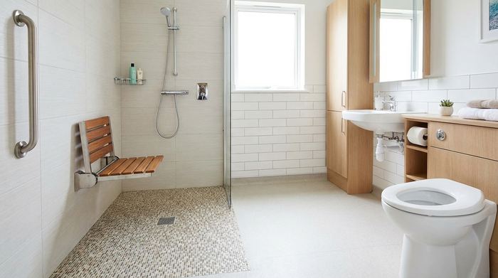 Ein modernes, barrierefreies Badezimmer. Eine bodengleiche Dusche mit einem rutschfesten Boden und einem stabilen, klappbaren Duschsitz an der hellen Wand. Ein Haltegriff ist neben der Dusche montiert. Helles, sauberes Ambiente.