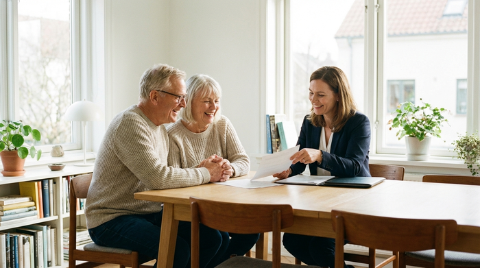 Ein älteres Ehepaar sitzt entspannt an einem aufgeräumten Esstisch und schaut gemeinsam mit einer freundlichen Beraterin in Dokumente. Die Stimmung ist positiv und gelöst. Helles Tageslicht, professionelle und vertrauensvolle Szene.