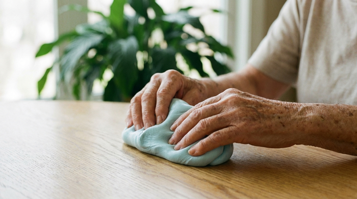 Zwei Hände einer älteren Person kneten weiche, hellblaue Therapieknete auf einem sauberen Holztisch. Im Hintergrund ist unscharf eine grüne Zimmerpflanze zu erkennen. Realistische, ruhige Szene ohne Text.
