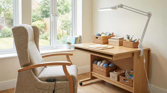 Ein ergonomischer Arbeitsplatz für Senioren mit einem bequemen Stuhl mit Armlehnen, einem unterfahrbaren Holztisch und einer hellen, modernen Tageslichtlampe. Auf dem Tisch liegen ordentlich sortierte Bastelmaterialien. Helles, freundliches Zimmer.