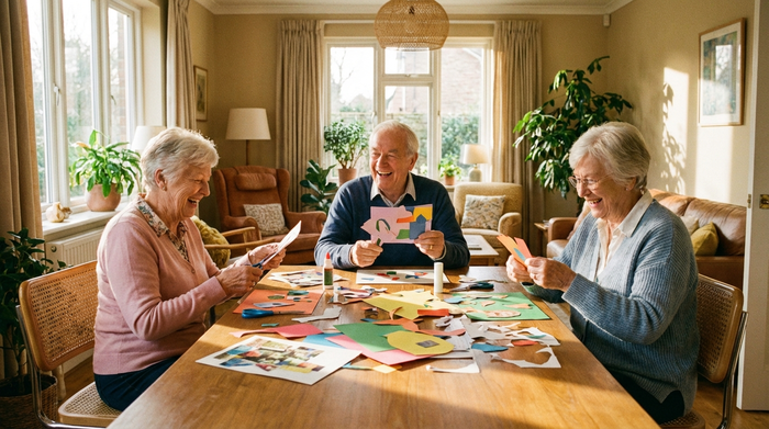 Drei fröhliche Senioren sitzen gemeinsam an einem großen Tisch in einem hellen Raum, basteln mit buntem Papier und lachen miteinander. Warme, soziale und einladende Atmosphäre, keine Texte.