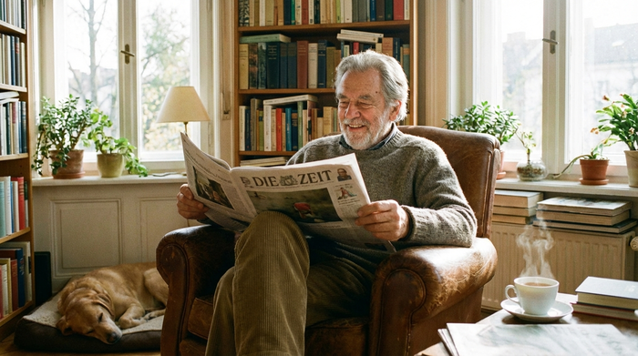 Ein älterer Herr mit grauem Haar sitzt gemütlich in einem bequemen Sessel in einem lichtdurchfluteten Raum, liest interessiert eine Zeitung und wirkt sehr zufrieden.