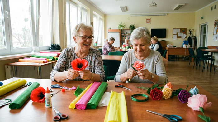 Zwei ältere Damen basteln konzentriert und mit einem Lächeln bunte Papierblumen an einem großen Holztisch, umgeben von Bastelmaterialien in einem hellen Gemeinschaftsraum.