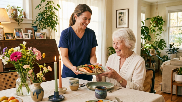 Eine herzliche Pflegekraft serviert einer lächelnden Seniorin ein gesundes, farbenfrohes Mittagessen an einem schön dekorierten Esstisch in einer freundlichen Umgebung.