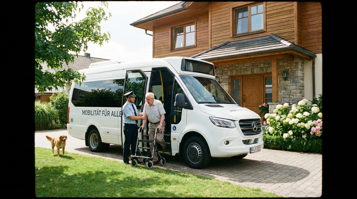 Ein moderner, weißer Kleinbus mit geöffneter Seitentür steht vor einem gepflegten Einfamilienhaus, während ein freundlicher Fahrer einem älteren Herrn sanft beim Einsteigen hilft.