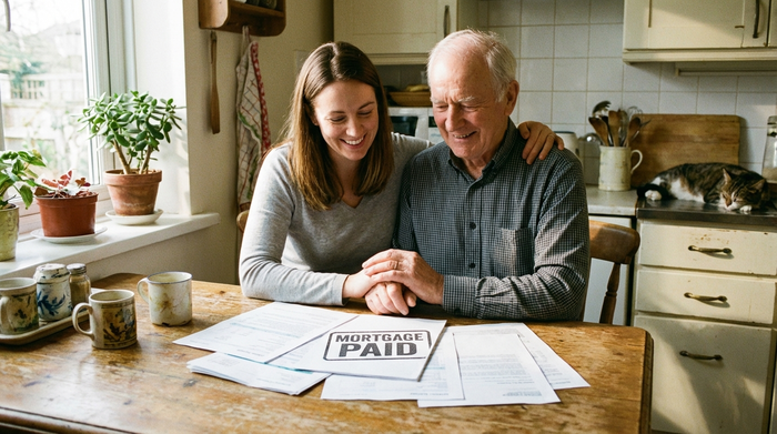 Eine erwachsene Tochter sitzt mit ihrem älteren Vater am Küchentisch, beide schauen entspannt auf einige Dokumente und lächeln erleichtert.