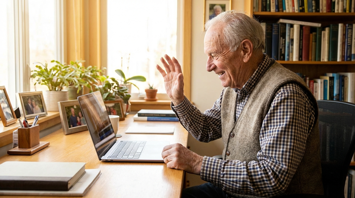 Ein rüstiger Rentner sitzt an einem aufgeräumten Schreibtisch und winkt freundlich in die Kamera seines Laptops in einem gut beleuchteten Arbeitszimmer.