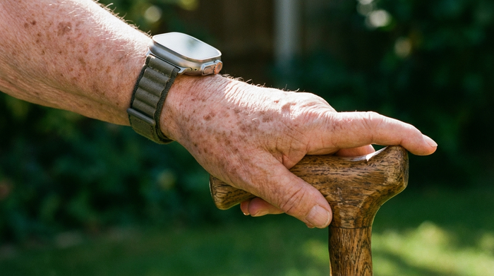 Nahaufnahme des Handgelenks einer älteren Person, die eine moderne Smartwatch trägt. Die Hand ruht entspannt auf einem hölzernen Gehstock im Freien bei sonnigem Wetter.