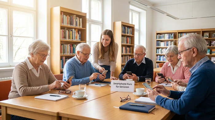Eine kleine Gruppe von Senioren sitzt gemeinsam mit einer jungen, geduldigen Kursleiterin an einem großen Tisch in einer hellen Bibliothek und übt aufmerksam den Umgang mit Smartphones.