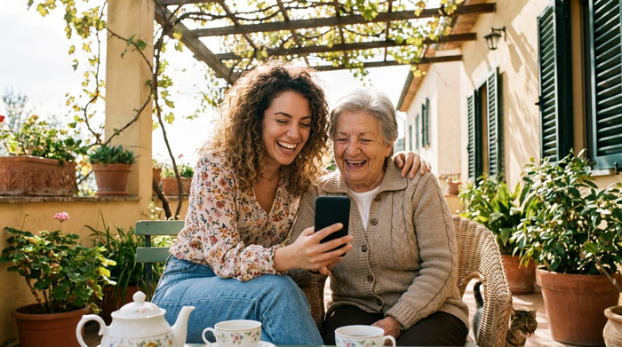 Eine junge Frau sitzt liebevoll neben ihrer Großmutter auf einer sonnigen Terrasse. Beide schauen gemeinsam auf ein Smartphone und lachen herzlich.
