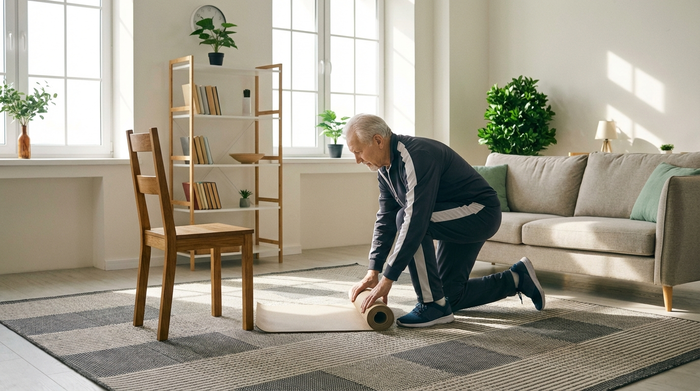 Ein aufgeräumtes, helles Wohnzimmer mit rutschfestem Teppich und einem stabilen Holzstuhl in der Mitte. Ein älterer Herr in Sportkleidung richtet sich seinen Trainingsplatz ein. Realistisch, hell, sicher.