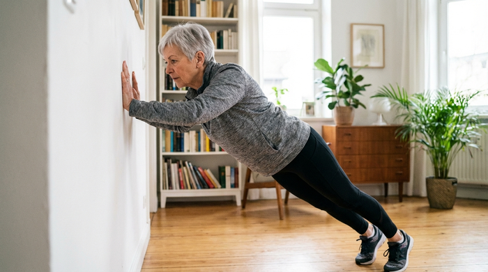 Eine fitte ältere Frau steht mit schulterbreit aufgestellten Händen an einer weißen Wand im Wohnzimmer und macht sanfte Wandliegestütze. Konzentrierter Gesichtsausdruck, sportliche Alltagskleidung.