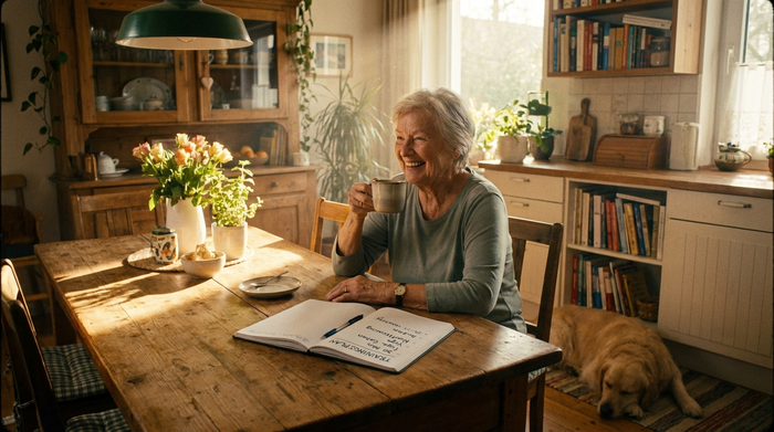 Eine ältere Dame trinkt morgens Kaffee am Esstisch, neben ihr liegt ein aufgeschlagenes Notizbuch mit einem Trainingsplan. Warme Morgenmorgenstimmung, realistisch, inspirierend.