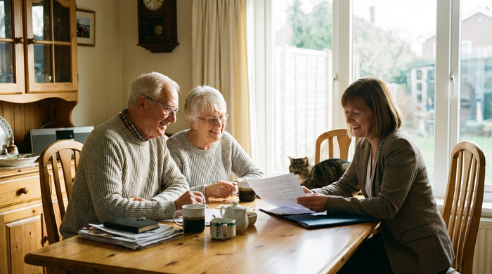 Ein älteres Ehepaar sitzt gemeinsam mit einem freundlichen Berater am Esstisch und schaut sich lächelnd Unterlagen an. Helles Raumlicht, entspannte Atmosphäre, fotorealistisch.