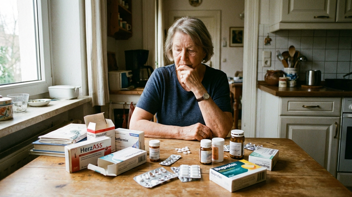 Eine ältere Frau sitzt nachdenklich an einem Küchentisch, vor ihr liegen mehrere verschiedene, geöffnete Medikamentenschachteln und lose Tabletten. Die Szene wirkt leicht unübersichtlich, aber realistisch und gut ausgeleuchtet mit natürlichem Licht.
