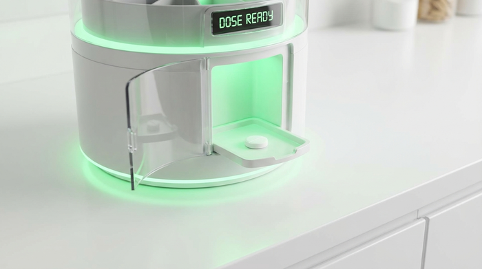 Nahaufnahme eines modernen, elektronischen Karussell-Medikamentenspenders mit geöffnetem Ausgabefach. In dem Fach liegt eine einzelne weiße Tablette. Das Gerät hat ein minimalistisches Design, leuchtet sanft grün und steht auf einer sauberen weißen Arbeitsfläche.