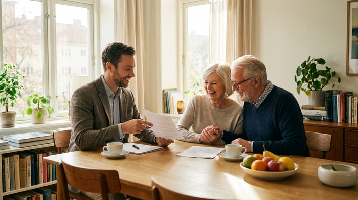 Ein freundlicher Berater sitzt zusammen mit einem älteren Ehepaar an einem hellen Esstisch. Sie schauen gemeinsam auf Dokumente und lächeln. Die Stimmung ist positiv und erleichtert. Helles, freundliches Tageslicht durchflutet den Raum.