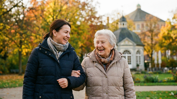 Eine osteuropäische Betreuungskraft und eine Seniorin spazieren fröhlich Arm in Arm durch den herbstlichen Düsseldorfer Hofgarten. Beide tragen warme Mäntel, im Hintergrund unscharfe Bäume, entspannte und vertrauensvolle Stimmung.